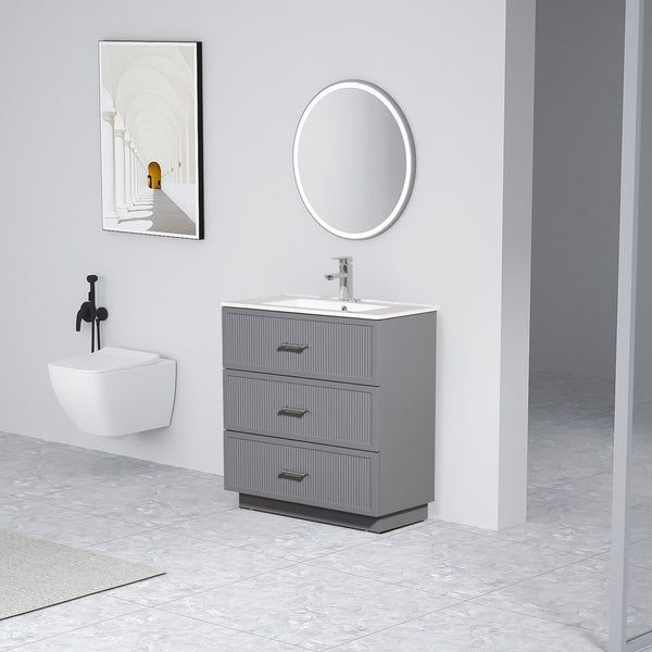 English Elm 30 Inch Bathroom Vanity With Ceramic Sink Combo - Modern Gray Freestanding Storage Cabinet Set W1550S00046