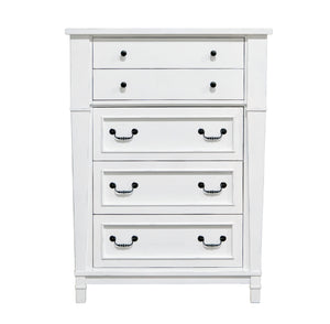 English Elm Wallace & Bay - White Farmhouse 5-Drawer Chest in Weathered White Finish — Spacious, Durable Wood Storage (54"H) B361P384450