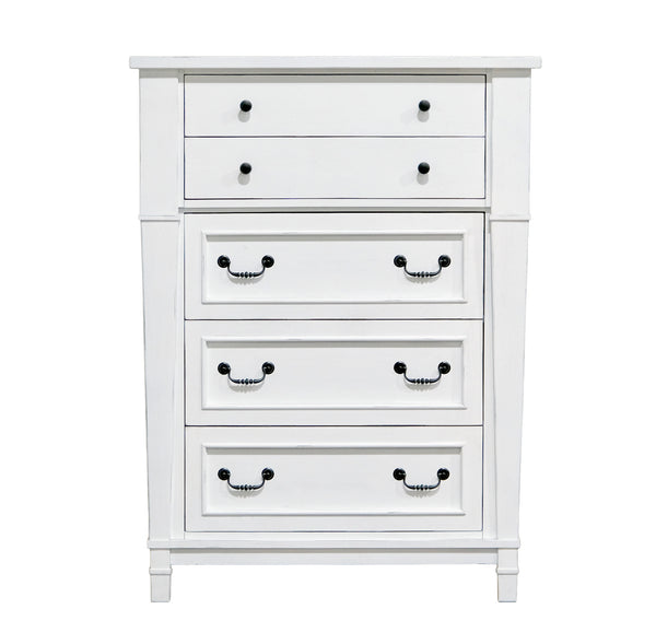 English Elm Wallace & Bay - White Farmhouse 5-Drawer Chest in Weathered White Finish — Spacious, Durable Wood Storage (54"H) B361P384450