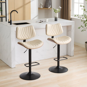 English Elm Walnut Bentwood Bar Stool set - Mid-Century Adjustable Counter Height with Faux Leather Seat, 360° Swivel, Ergonomic Backrest Beige W1143P278531