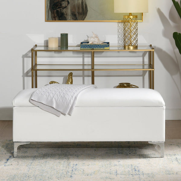 English Elm Jennifer Taylor Home - Madelyn 49" Modern Storage Bench in Bright White Dye - Upholstered Fabric, Flip-Top Storage, Chrome Legs B2719P238526