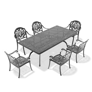 English Elm 7-piece Cast Aluminum Outdoor Dining Set with Ornate Relief Detail and Weather Resistant Cushions W1710S00605