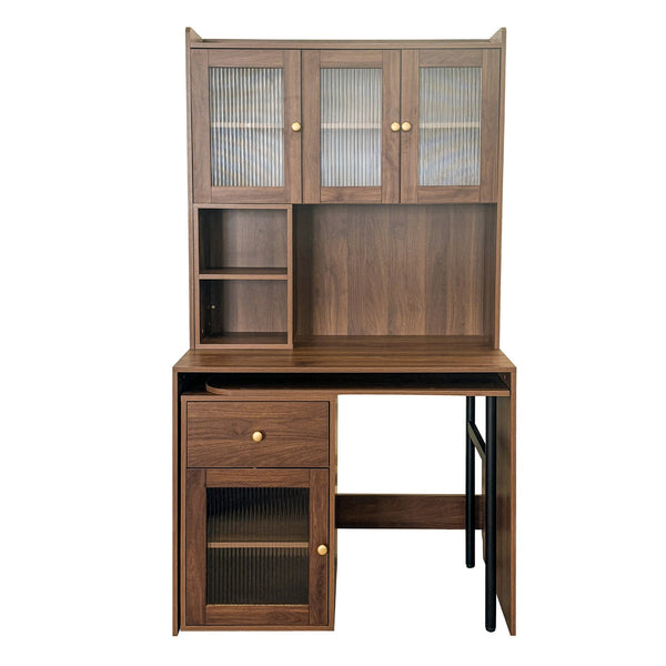 English Elm Computer Desk with Glass Doors and Hutch, Spacious 4-Cabinet Storage, Drawer & Rotating Top Walnut W331S00195