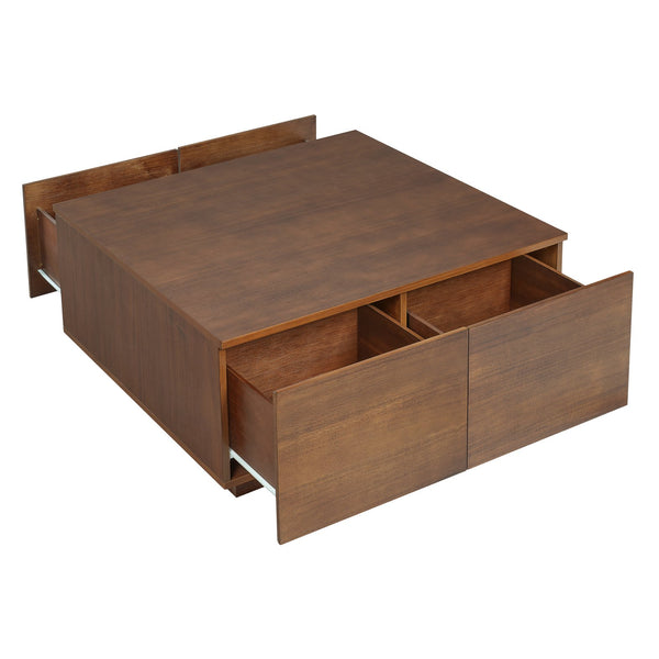 English Elm 33.25" Square Coffee Table with 4 Drawers — Minimalist Modern MDF Design, Space-Saving Durable Centerpiece Walnut N735P277298D
