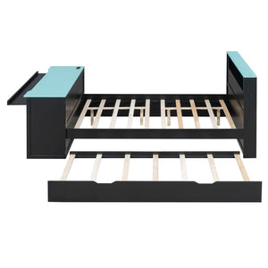 English Elm Full Size Wood Platform Daybed with Trundle Desk Rgb Led Lighting Gaming Bedroom Black+Blue LT000284AAC