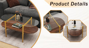 English Elm Oval glass coffee table with tempered top & MDF shelf, tapered legs, rounded edges, modern wood-tone décor storage W1727P356428