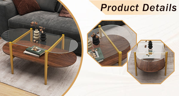 English Elm Oval glass coffee table with tempered top & MDF shelf, tapered legs, rounded edges, modern wood-tone décor storage W1727P356428