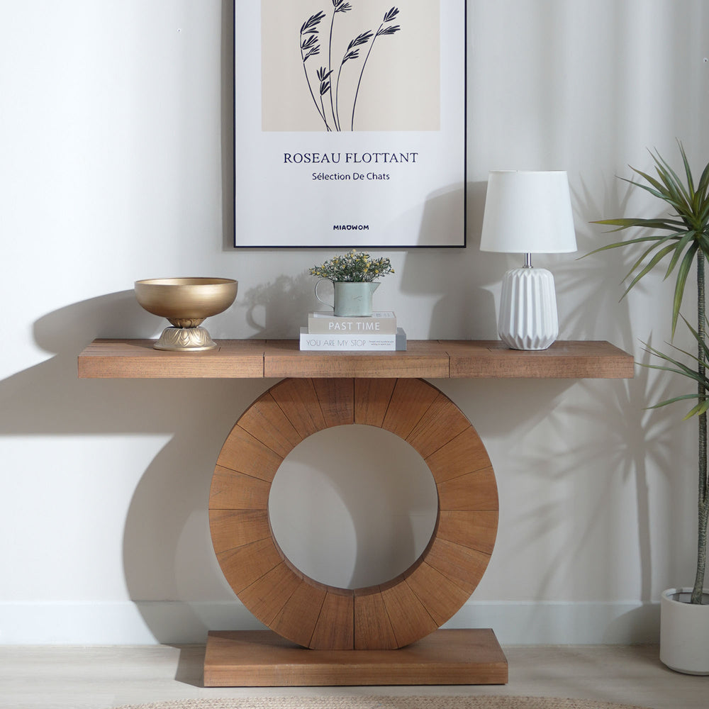 English Elm 53.2in Modern Minimalist Wooden Console Table with Circular Base, Engineered Wood, Sleek Entryway Accent W2729P270750