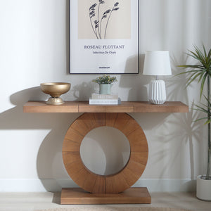 English Elm 53.2in Modern Minimalist Wooden Console Table with Circular Base, Engineered Wood, Sleek Entryway Accent W2729P270750