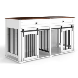 English Elm 63'' Farmhouse Double Dog Crate Furniture with Wood Grain Mdf Build and Storage Drawers W2557P231672