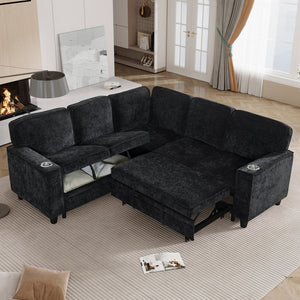 English Elm L-shaped Chenille Sectional Sleeper Sofa with Storage and Usb Charging Ports Charcoal Grey W1998S00088