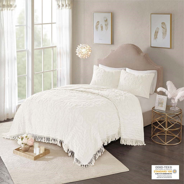 English Elm Tufted Cotton Chenille Medallion Fringe Coverlet Set Full/Queen – Boho Shabby Chic OEKO-TEX Quality Off White 18.11 L x 16.14 W x 5.12 H B03597523