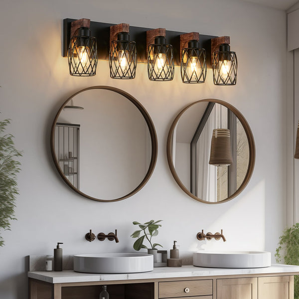 English Elm 31" Industrial Vintage 5-Light Wall Sconce Black Cage with Walnut Wood Accents for Bathroom Hallway W2312P374839