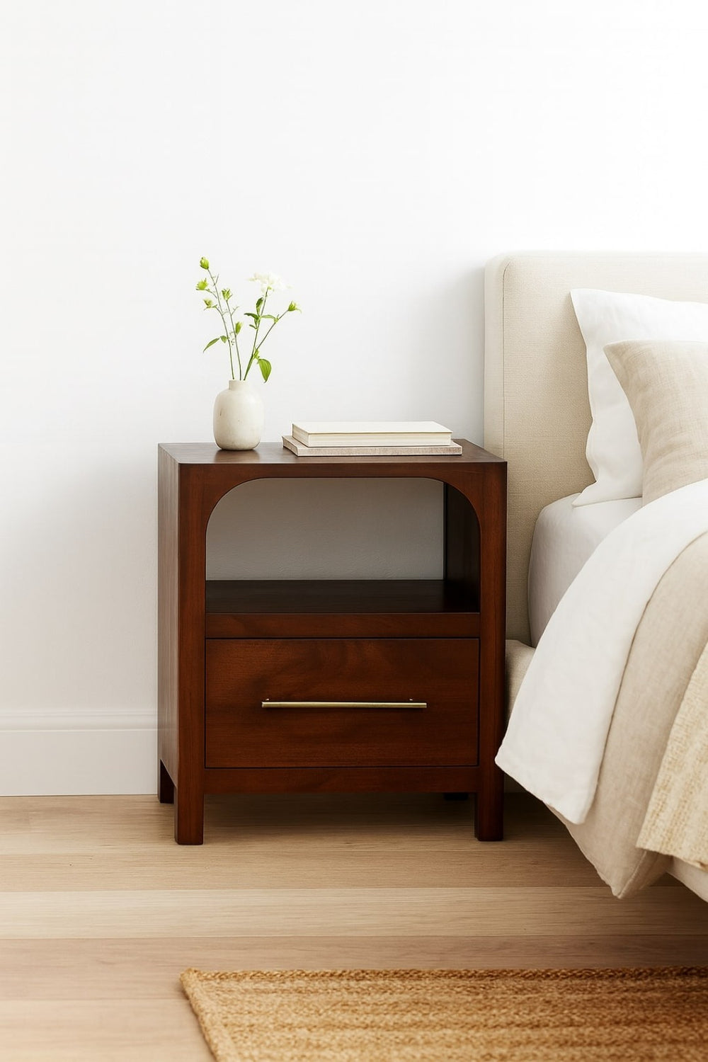 English Elm Solid Wood Arched Edge Nightstand With Drawer - Stylish Mango Wood Table For Small Spaces B182P391926-GIGA