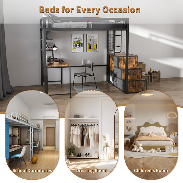 English Elm Full Loft Bed with Desk, 4 Cabinets & Staircase Storage — Metal Frame, Built-In USB/Outlets, Space-Saver Black W2700S00061