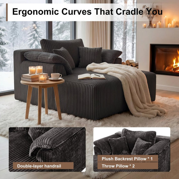 English Elm 60 Inch Oversized Corduroy Cloud Chaise Frameless Deep Seat Lounge for Living Room Antique Dark Grey W1919P499884