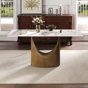 English Elm 63" Modern Rectangular Dining Table With White Sintered Stone Top & Bronze Iron Legs - Seats 6-8! W1535S00553