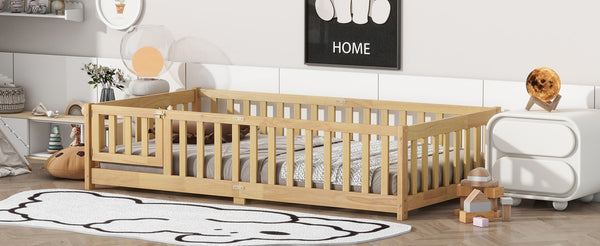 English Elm Twin Rubberwood Montessori Floor Bed with Safety Guardrails for Toddler Bedrooms W504P370521