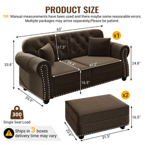 English Elm 63"upholstered Velvet Loveseat with Tufted Back Nailhead Arms Chesterfield Living Room Brown W1885S00380