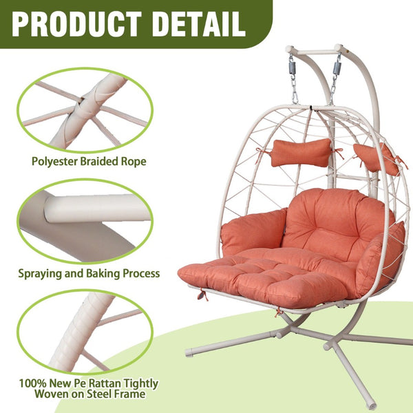 English Elm 2 Person Wicker Hanging Egg Chair with Stand Padded Swing for Patio or Garden T5880P500212