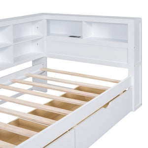 English Elm Wooden Twin Daybed with 2 Drawers, Built-In USB Charging & Double Shelf Storage, Pine Frame Durable White 42.91 L x 16.73 W x 6.69 H N733S170510K