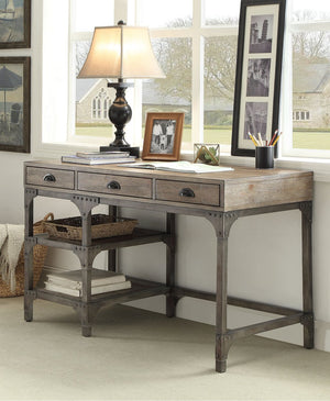 English Elm Weathered modern writing desk with metal iron legs, 3 drawers, spacious 47" workspace in oak finish B062P215483