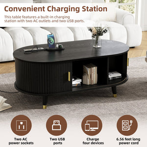 English Elm [Assembly Fluted Tambour Coffee Table with 360° Sliding Door, Built-In Charging Station & Mid-Century Flair Black N721P297572B