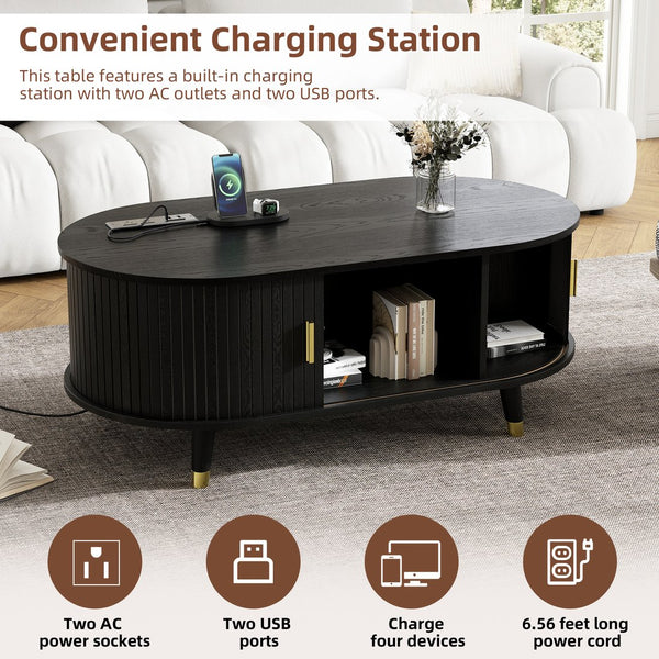 English Elm [Assembly Fluted Tambour Coffee Table with 360° Sliding Door, Built-In Charging Station & Mid-Century Flair Black N721P297572B