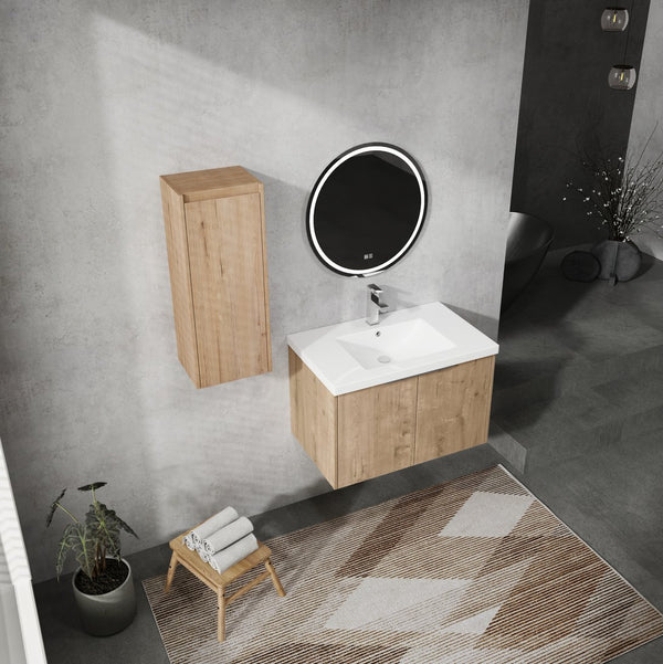 English Elm 30" Wall-Mounted Bathroom Vanity With Resin Sink & Side Cabinet For Modern Space-Saving Style W999S00219