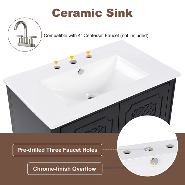 English Elm Christopher Knight Home® - 30" Bathroom Vanity with Sink Vintage Acacia Frame Ceramic Basin Soft-Close Doors & Storage Black N759P313313B