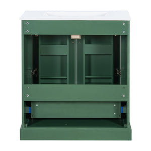 English Elm 30" Modern Bathroom Vanity with Ceramic Sink, Soft-Close Doors, Divided Drawer & Dual Door Shelves Green N729P321376F