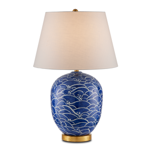 Nami Blue Table Lamp – Handcrafted Porcelain with Gold Leaf Base, Off-White Shade, Artisanal Elegance