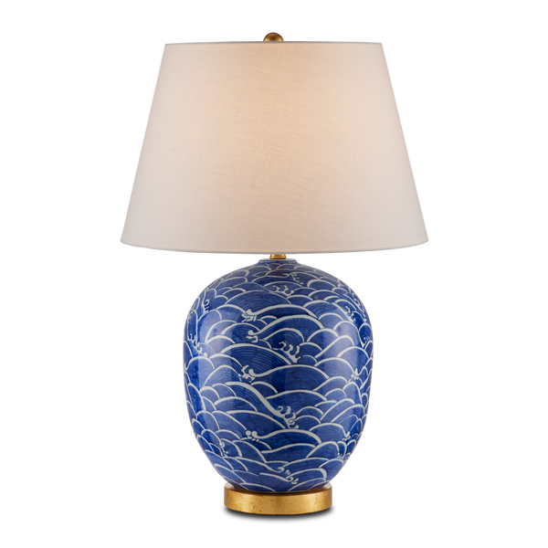 Nami Blue Table Lamp – Handcrafted Porcelain with Gold Leaf Base, Off-White Shade, Artisanal Elegance