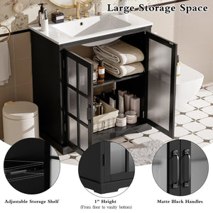 English Elm Christopher Knight Home® - 30" Modern Bathroom Vanity with Ceramic Sink, Tempered Blurred Glass Doors, Rubber Wood Frame Storage Matte Black N817P279904B