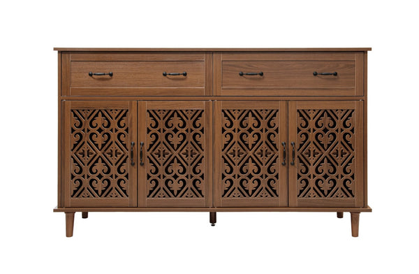 English Elm 4 Door Sideboard Buffet with Hand Carved Geometric Panels Black Oak Finish Raised Legs W688P359947