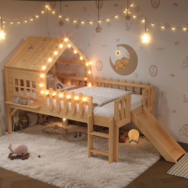 English Elm Twin Playhouse Loft Bed Solid Pine Frame with Slide Led Lights and Star Roof Natural W5316S00002
