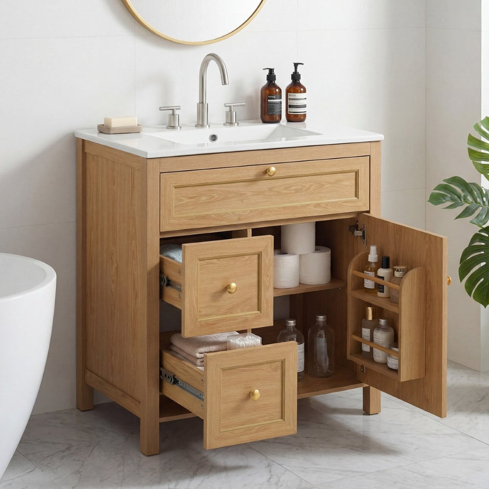English Elm 30 Inch Fluted Freestanding Bathroom Vanity Solid Wood Soft Close Spa Style W5278S00002