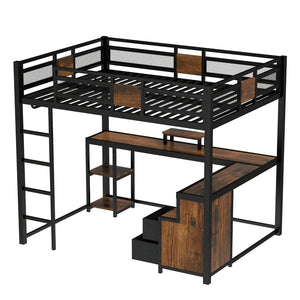 English Elm Queen Loft Bed With Workspace And Storage - Heavy-Duty Metal Frame, Noise-Free Design, Stylish Black W1580S00223-GIGA