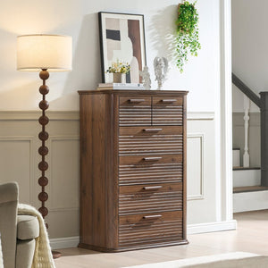 English Elm 6 Drawer Tall Fluted Chest with Waveform Fronts Slim Wooden Storage for Modern Bedroom T5326P425101