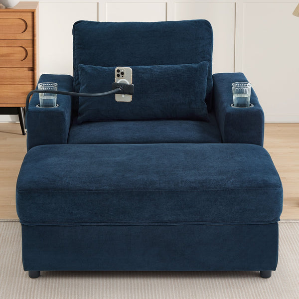 English Elm Modern Multifunctional Armchair with Chaise Lounge, Hidden Ottoman Storage, USB Ports & Cup Holders Blue N719P292700C