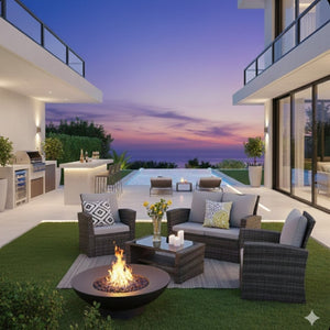 English Elm 4-piece Outdoor Wicker Conversation Set with Tempered Glass Table and Resort Style Grey+Brown B082S00059