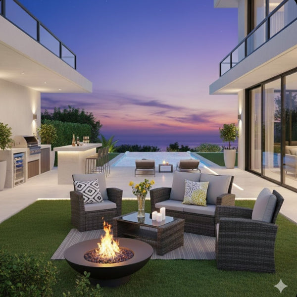English Elm 4-piece Outdoor Wicker Conversation Set with Tempered Glass Table and Resort Style Grey+Brown B082S00059