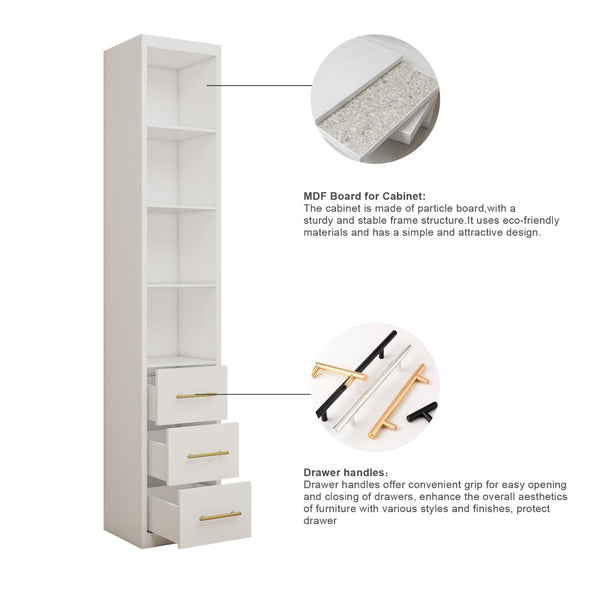 English Elm 15.75x85.04inch White Slim Tower Cabinet Four Shelves Three Drawers Bedroom Bath W5290P457931
