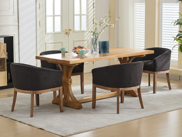 English Elm Mid Century Modern Barrel Dining Chair With Arms - Plush Linen, Durable Hardwood Frame, Versatile Use W1143P346925