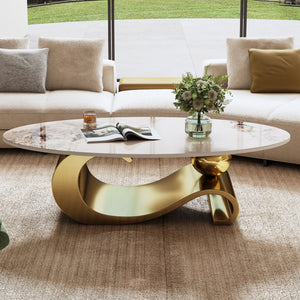 English Elm 49.2" Faux Marble Oval Coffee Table with Sintered Stone Top & Gold Sculptural Stainless Base for Living Room Gold+White W3136S00015
