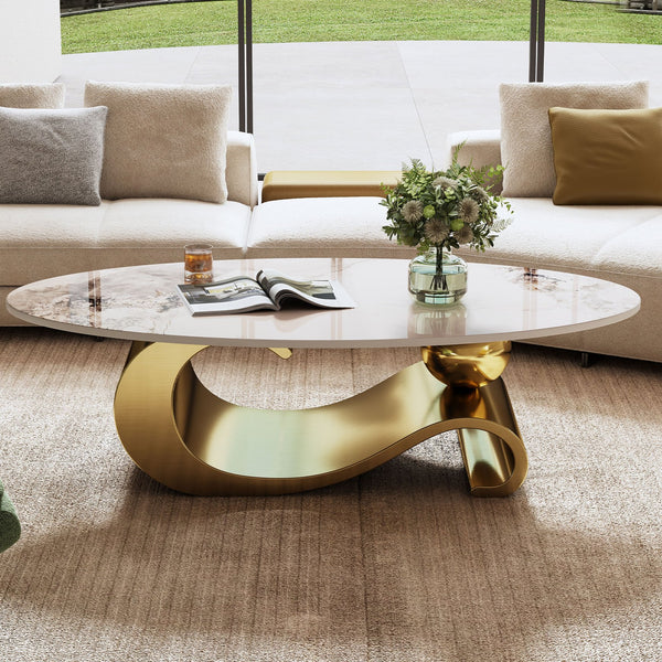 English Elm 49.2" Faux Marble Oval Coffee Table with Sintered Stone Top & Gold Sculptural Stainless Base for Living Room Gold+White W3136S00015