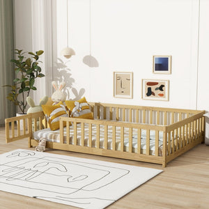 English Elm Twin Size Rubberwood Floor Bed with Safety Fence for Toddler Rooms Natural Finish W504P370533