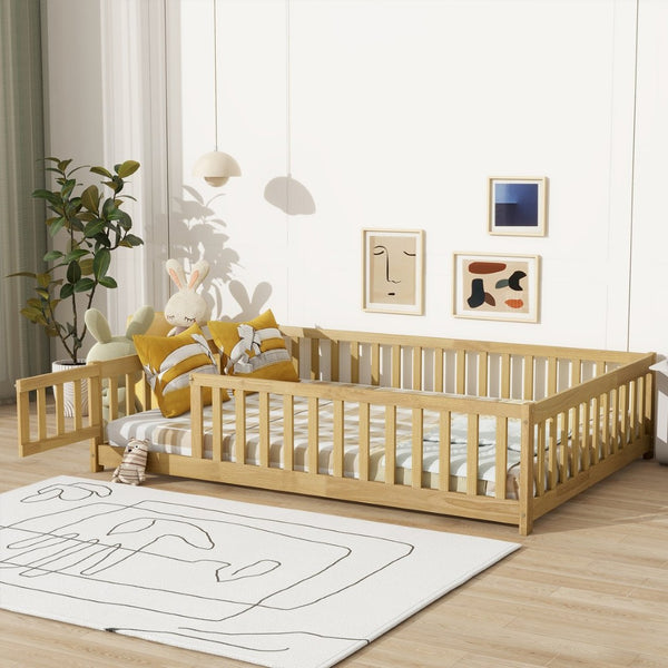 English Elm Twin Size Rubberwood Floor Bed with Safety Fence for Toddler Rooms Natural Finish W504P370533