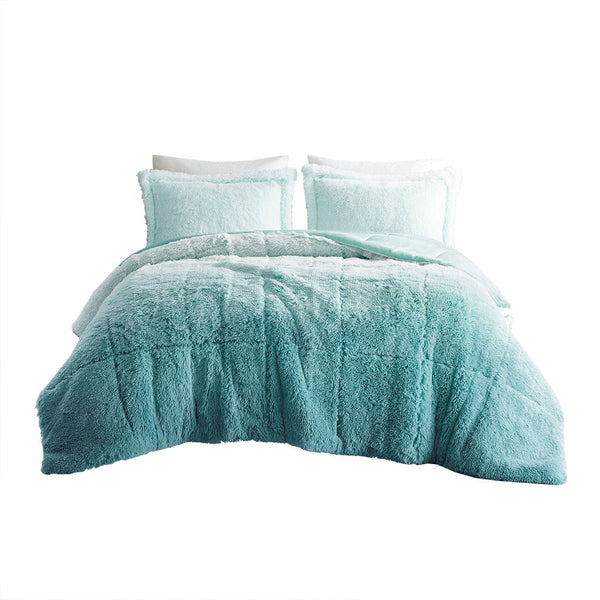 English Elm Full/Queen Brielle Shaggy Faux Fur Comforter Mini Set Ombre Plush Reversible Hypoallergenic Cozy Aqua 15.75 L x 11.02 W x 11.02 H B03595985
