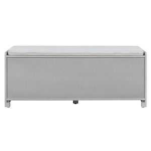 English Elm TREXM Rustic Storage Bench with Woven Rattan Doors, Removable Cushion & Adjustable Shelves for Entryway Home Organizing Beige,Gray Wash N715P308013E